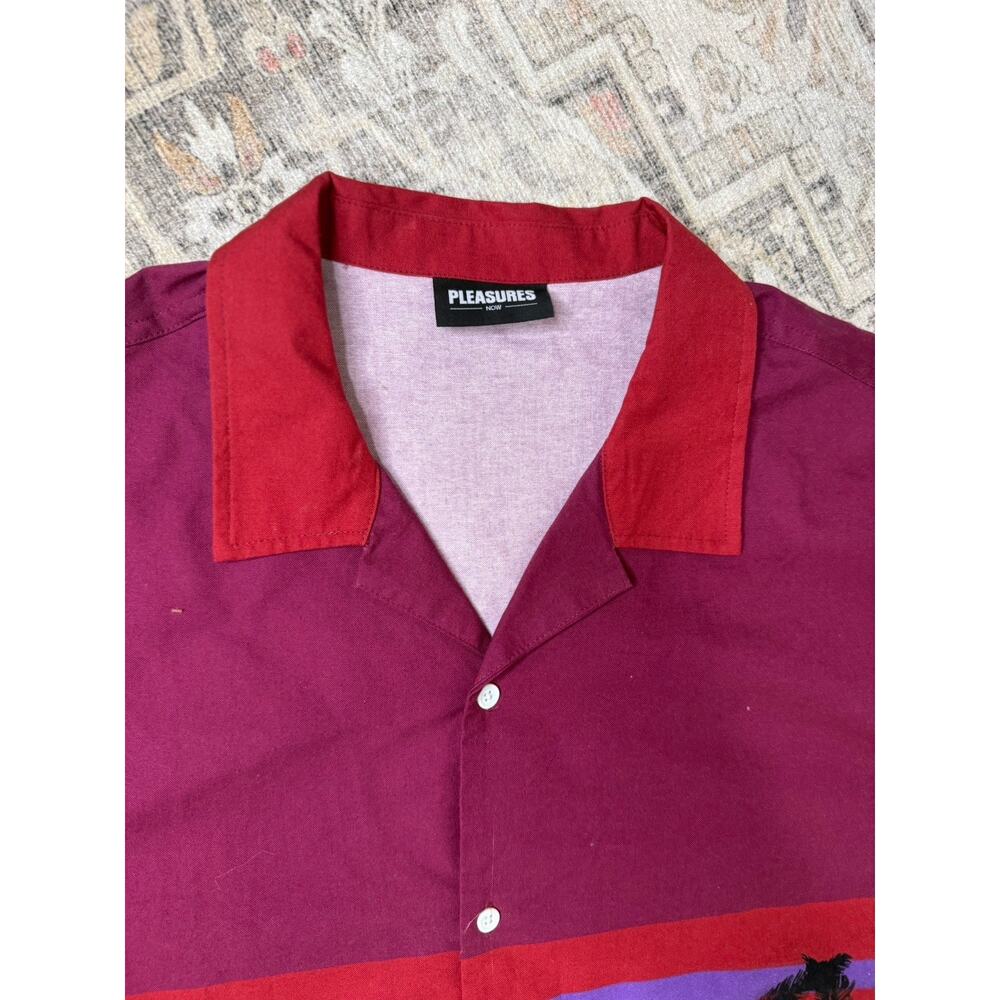 PLEASURES BEACH BUTTON DOWN SHIRT BURGUNDY Skeleton Beach Halloween Sz XXL - Picture 3 of 10